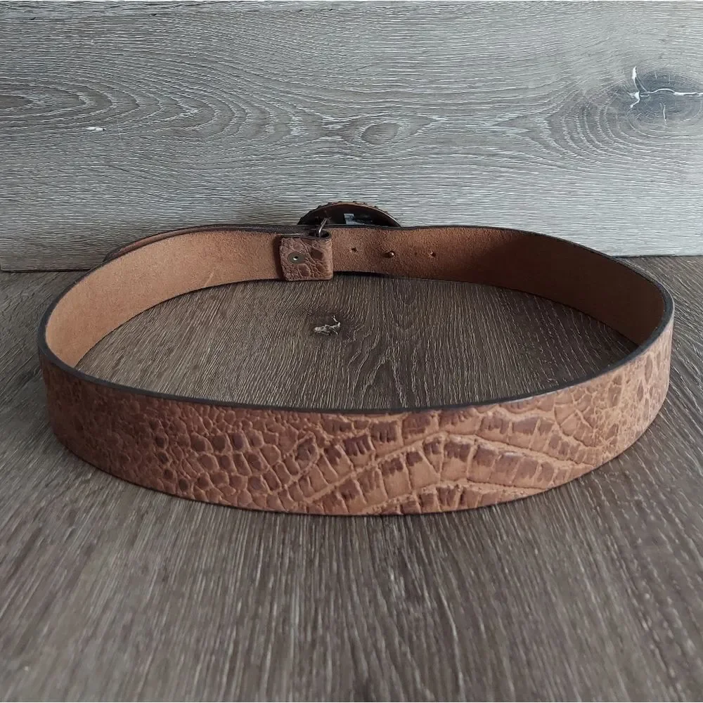 ENMON Brown Embossed Alligator Design Leather Belt Rhinestone Buckle Large